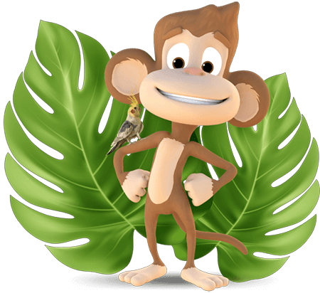 Alex beždžionė - mini golfo dekoracija tarp džiunglių augalų